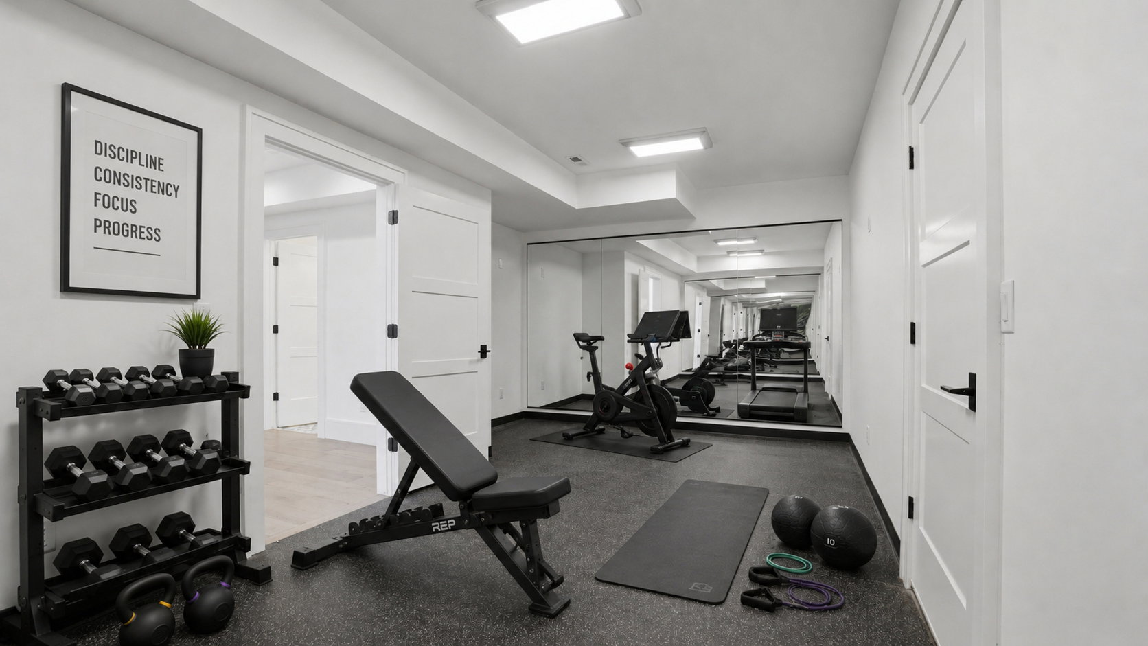 Dedicated fitness room featuring resilient rubber flooring, expansive wall-mounted mirrors, recessed lighting, and contemporary white doors with dark hardware
