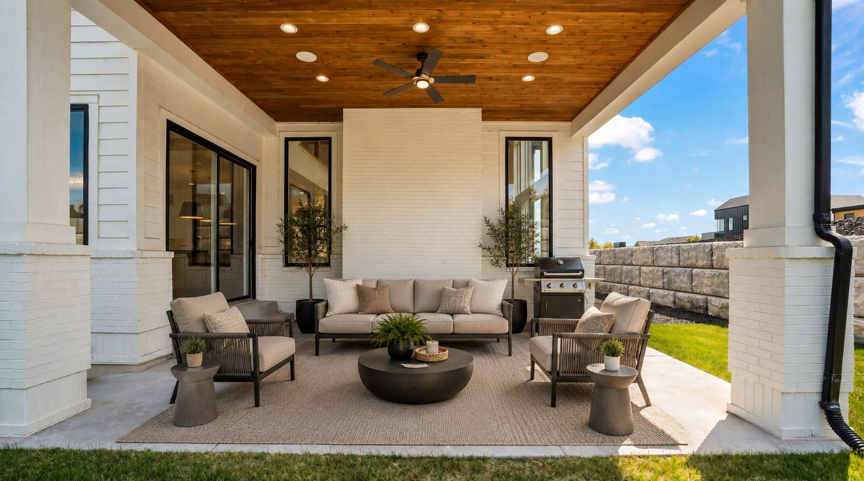 Covered outdoor patio featuring a wood-finish ceiling with recessed lighting and a ceiling fan, white brick columns, and a concrete patio surface