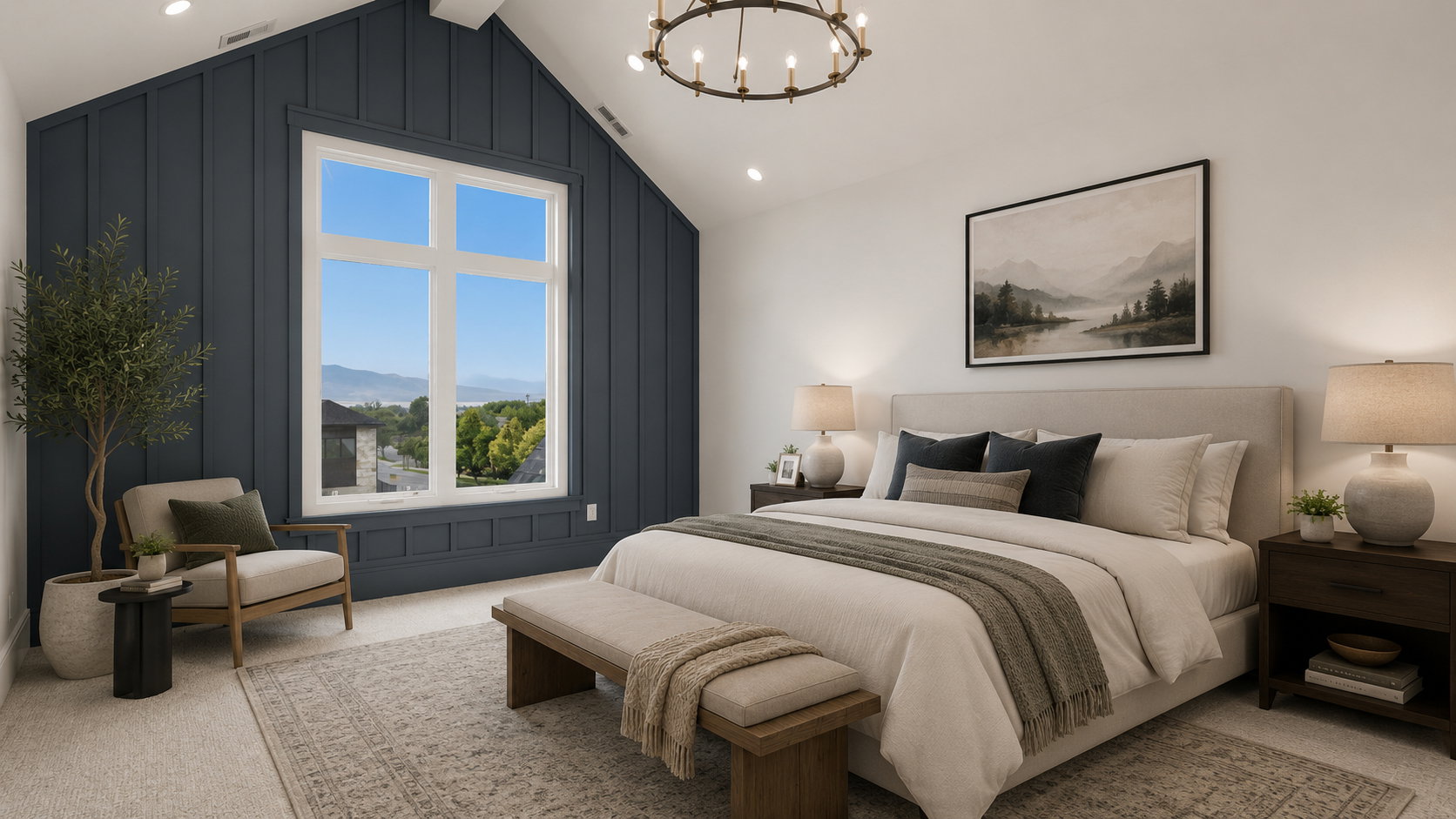 Vaulted ceiling bedroom featuring a large picture window, board and batten accent wall, recessed lighting, and a prominent chandelier