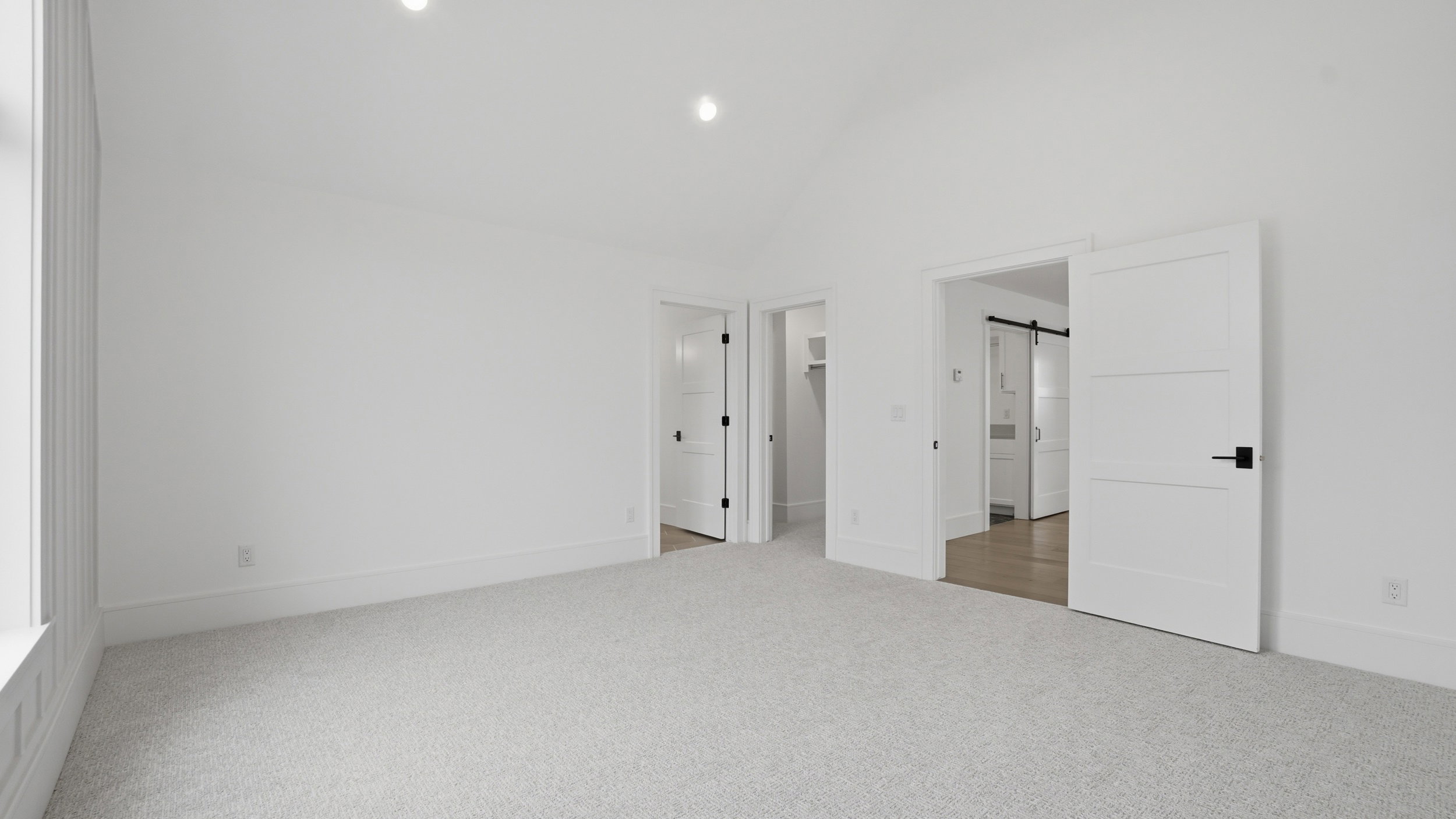 Spacious room featuring vaulted ceilings, light-colored carpet, recessed lighting, and white trim