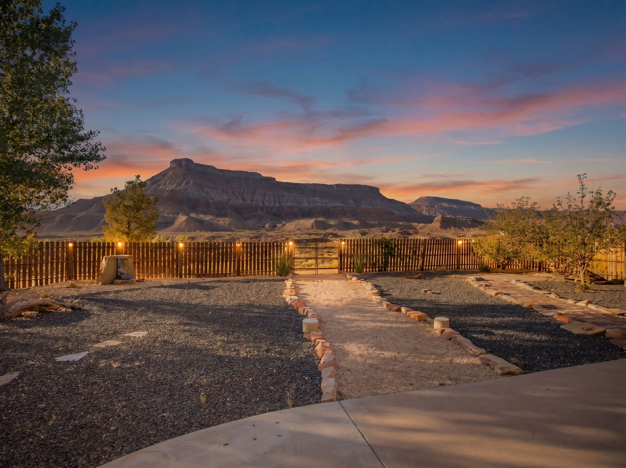 Expansive desert landscape with a prominent mountain range backdrop