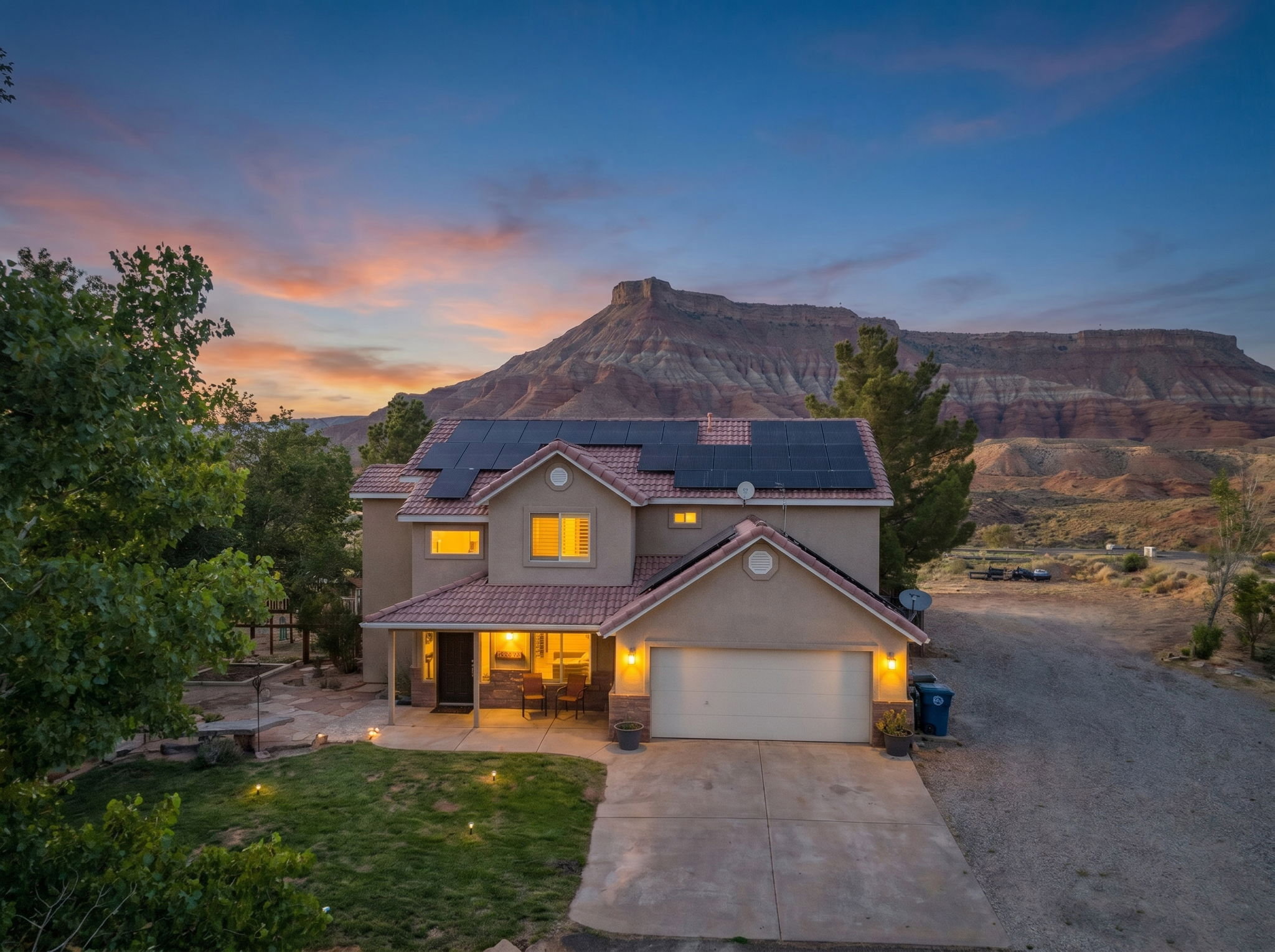 Stucco exterior residence with solar panels and an attached garage, featuring a tile roof and a covered front porch, all set against a prominent mountain backdrop