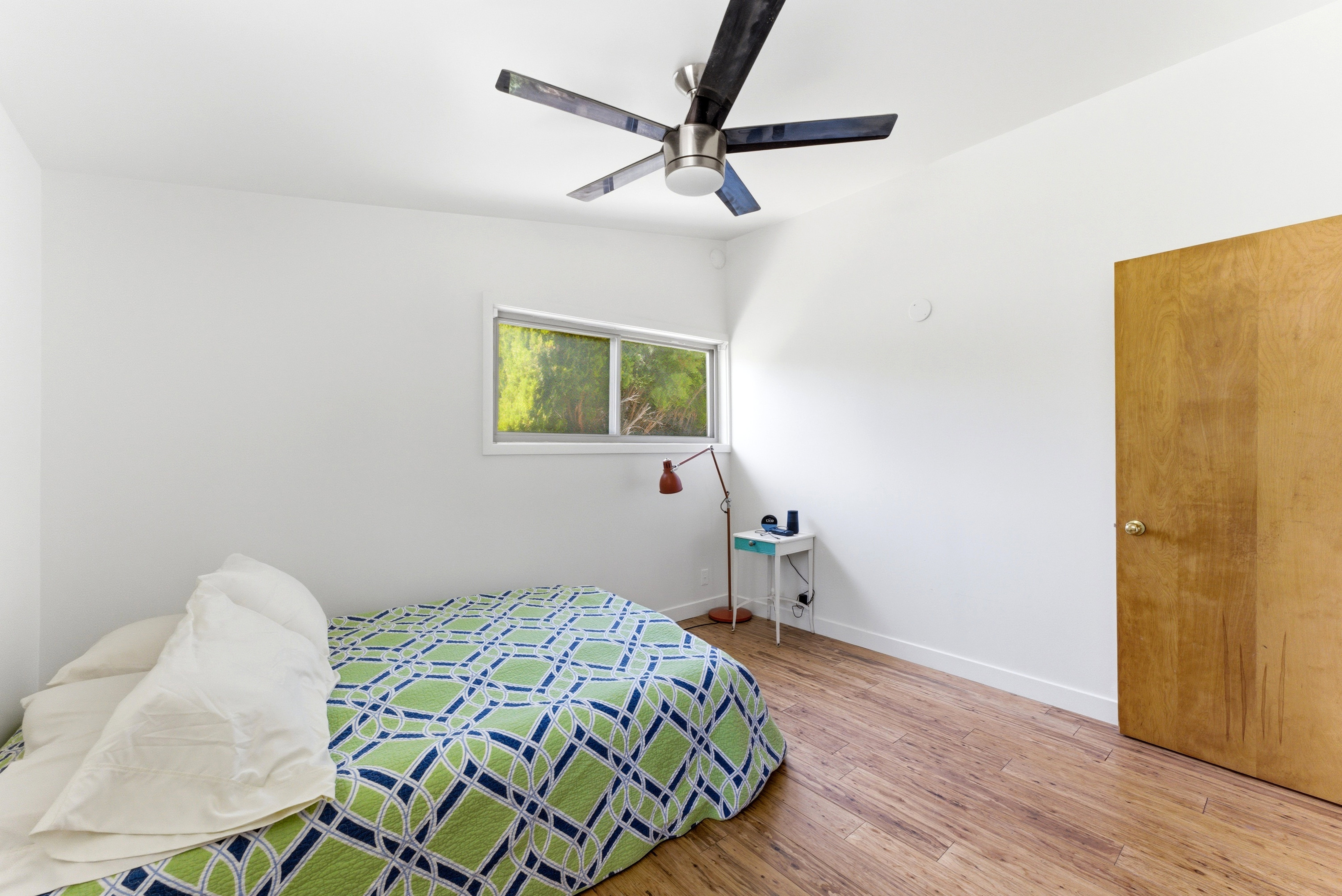 Bright interior space featuring wood-finish flooring, a contemporary ceiling fan, and a light-colored wooden door