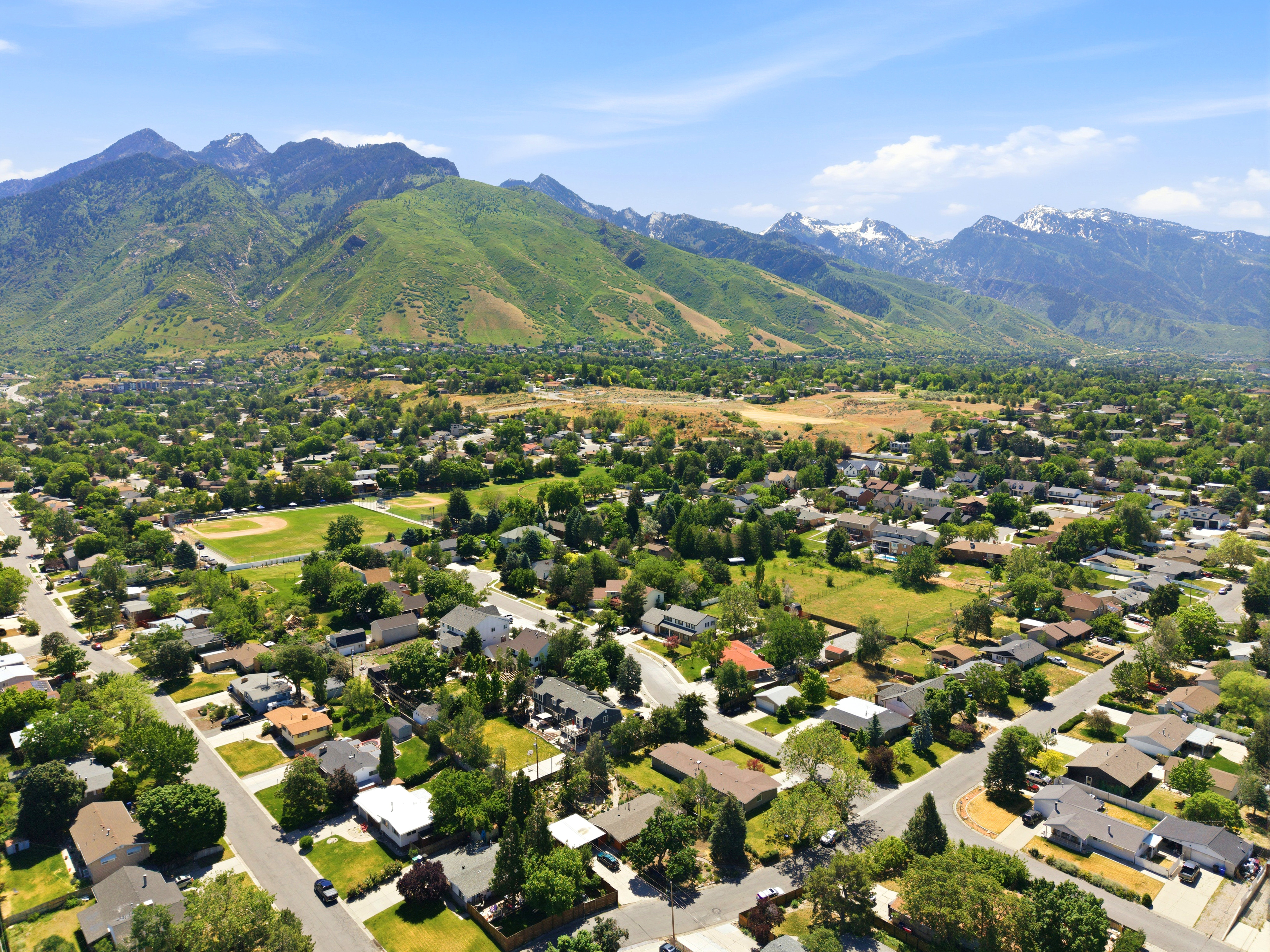 Expansive residential area featuring a diverse collection of homes, mature trees, and a large recreational field