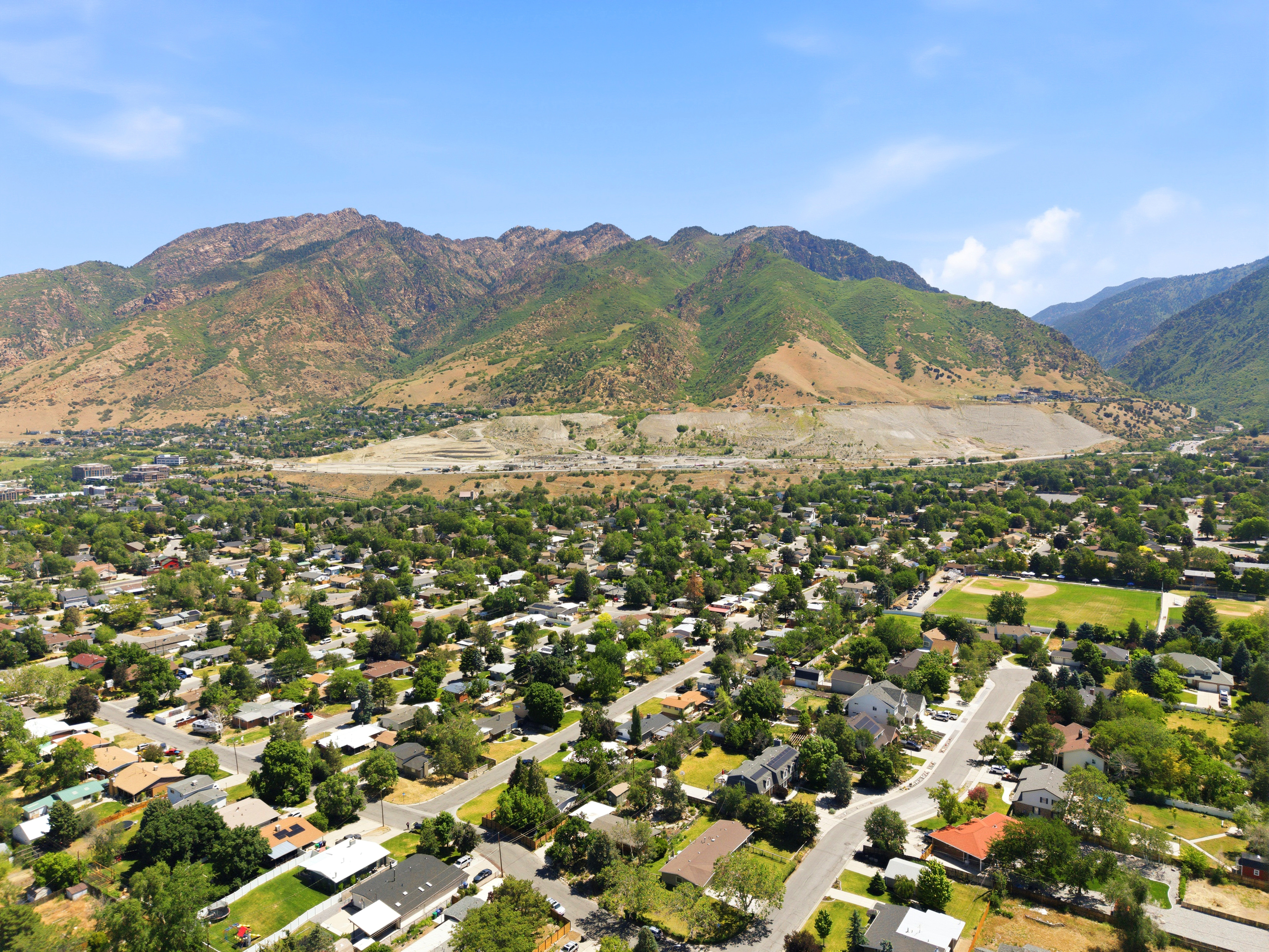 Expansive aerial perspective showcasing a residential neighborhood with mature trees