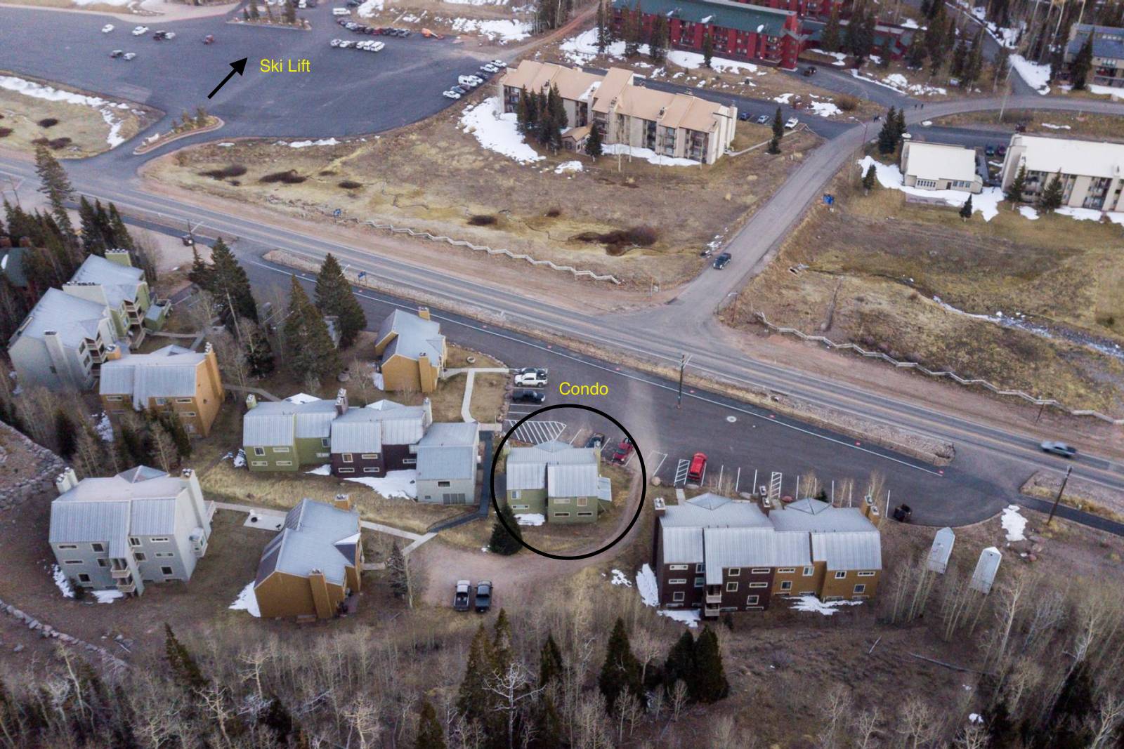 Located across from ski slopes