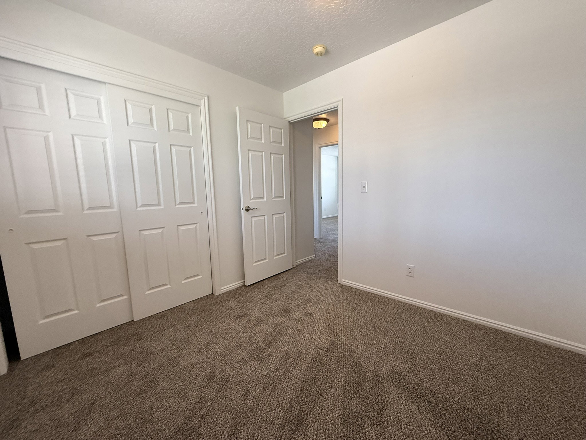 Neutral-toned carpeting extends throughout the room, complemented by white walls and trim