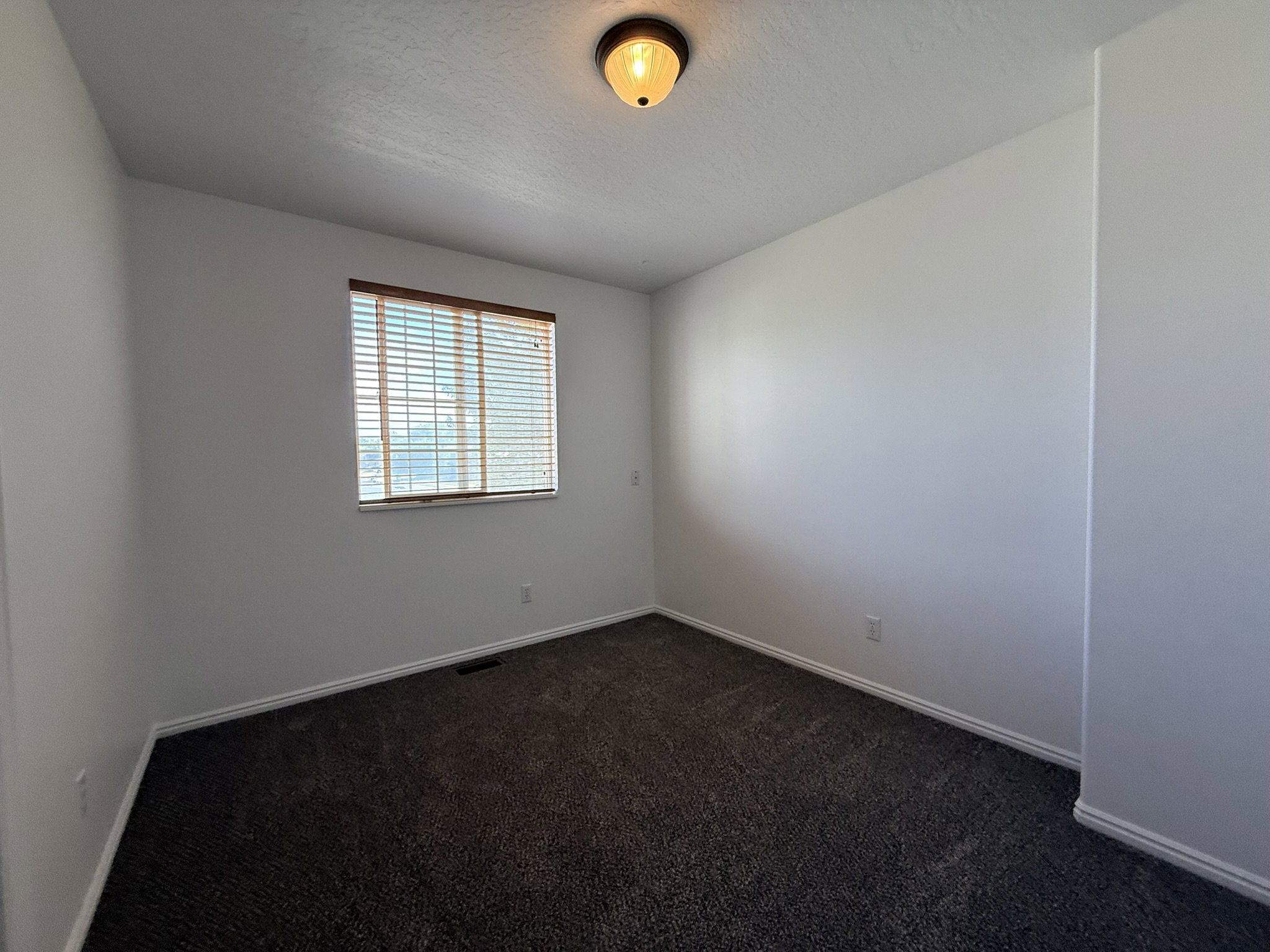 Room featuring a single window with horizontal blinds, dark textured carpeting, white baseboards, and a flush-mount ceiling light fixture