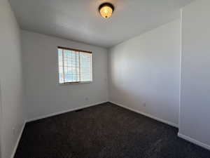 Room featuring a single window with horizontal blinds, dark textured carpeting, white baseboards, and a flush-mount ceiling light fixture