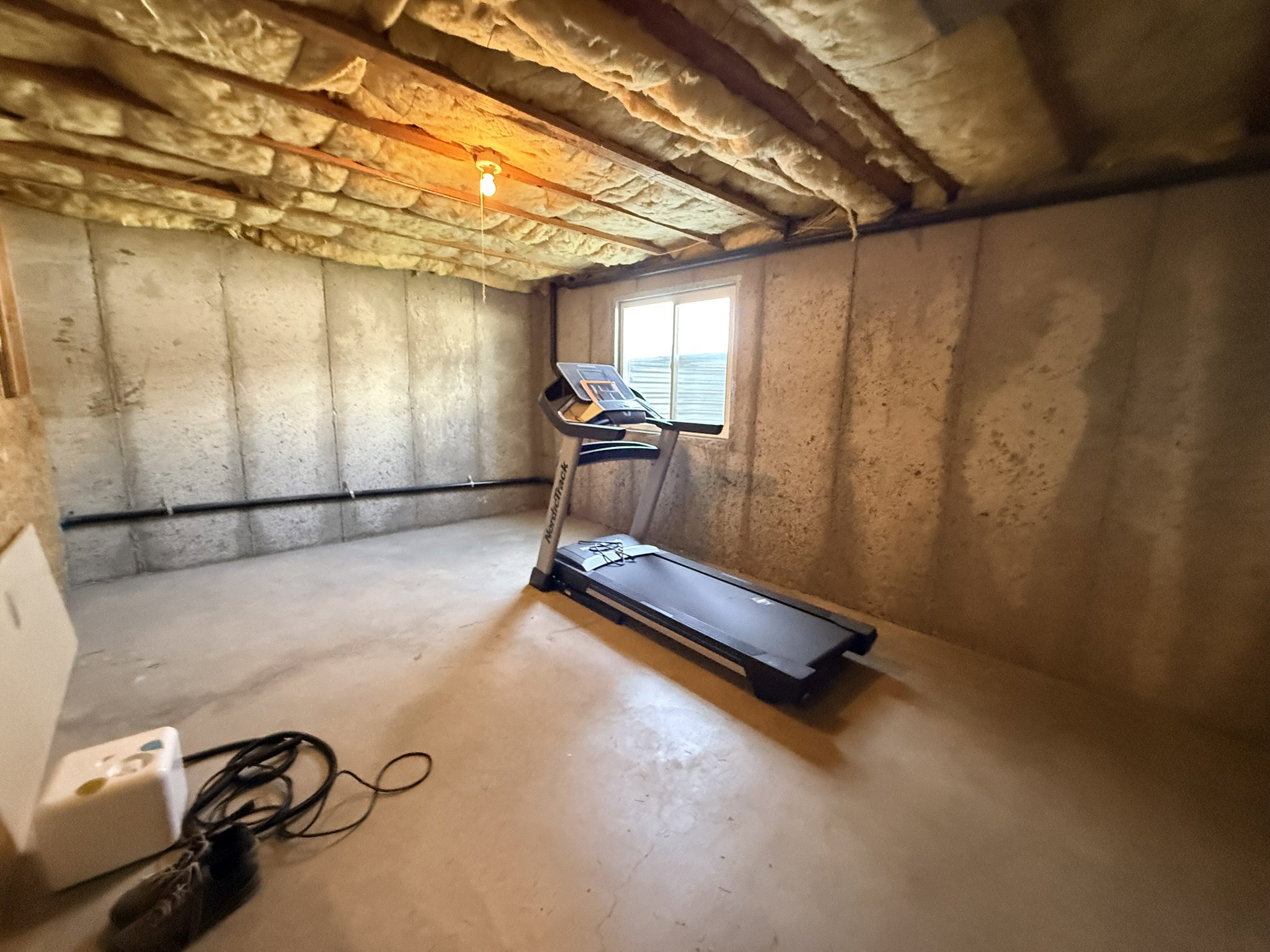 Daylight basement space featuring exposed wood joists with insulation, concrete walls, and a concrete floor