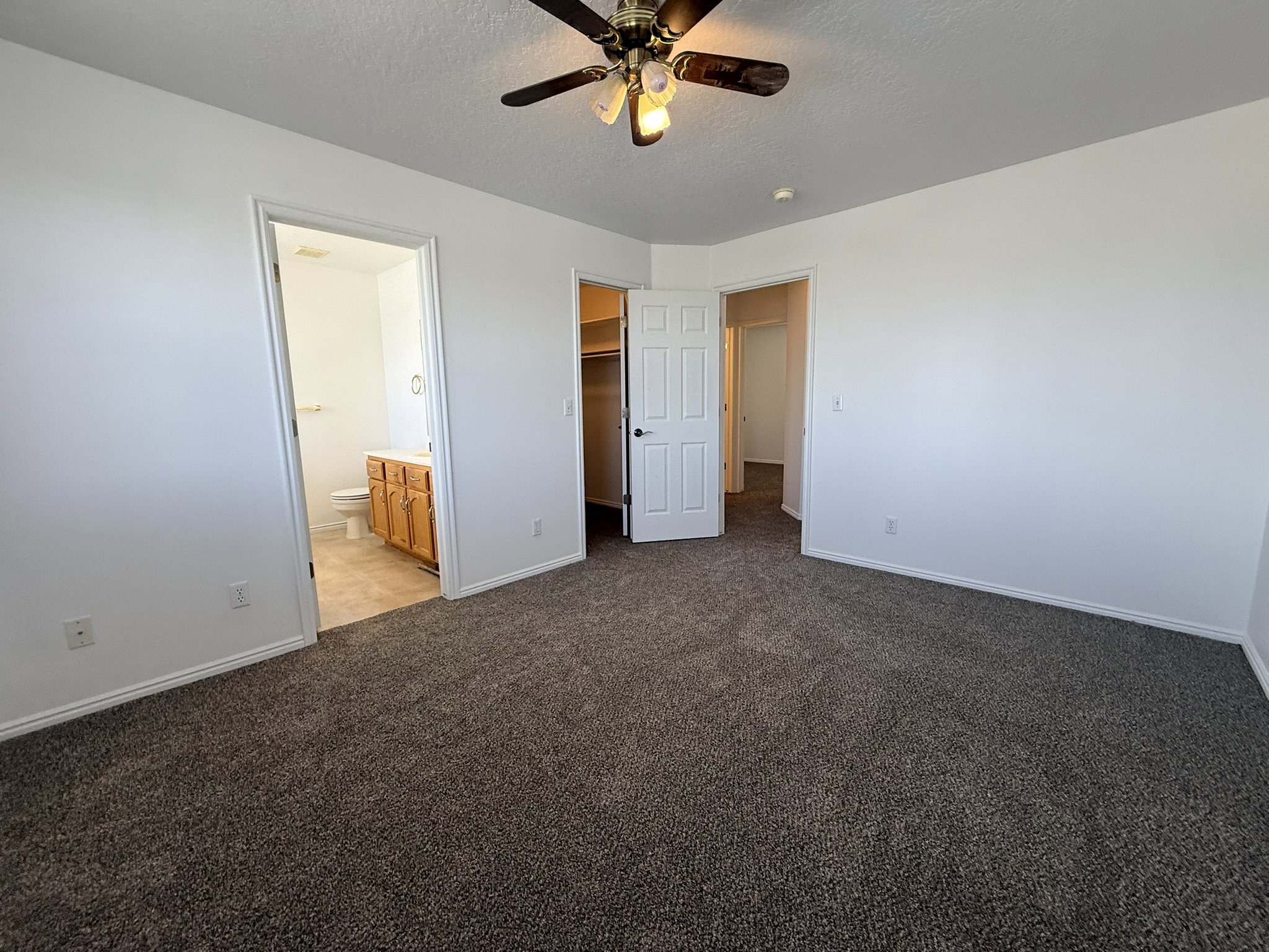 Carpeted room with white walls, a ceiling fan, and baseboard molding