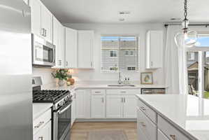 Contemporary kitchen featuring white shaker cabinetry, stainless steel appliances, light-toned countertops, and wood-finish flooring