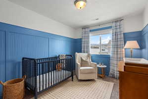 Bedroom featuring blue wainscoting, a large window with white trim, and a patterned area rug