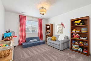 Spacious room featuring neutral carpet flooring, white walls, and a central ceiling light fixture