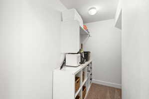 Compact storage area featuring built-in shelving, white walls, and carpet flooring