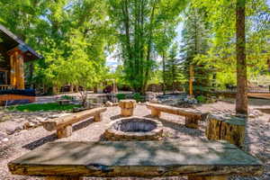 Outdoor entertainment area featuring a stone fire pit with surrounding log benches and stump seating