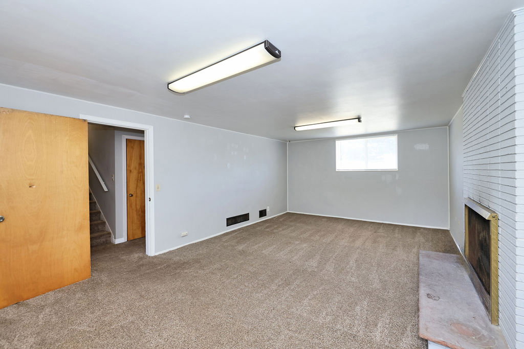 Spacious room featuring neutral carpeting, light gray walls, a white brick fireplace with a stone hearth, and two fluorescent ceiling lights