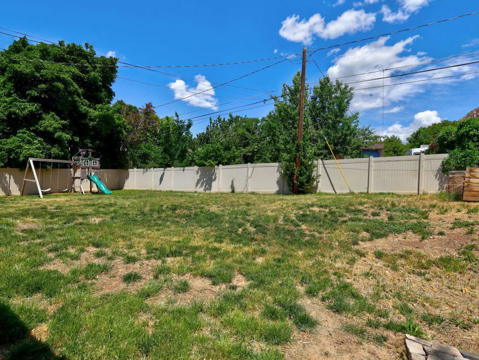 Expansive lawn area featuring a full perimeter fence, mature trees, and clear sky