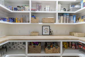 Dedicated pantry featuring extensive open shelving, wrap-around wood-finish countertops, built-in lower storage compartments, and multiple electrical outlets