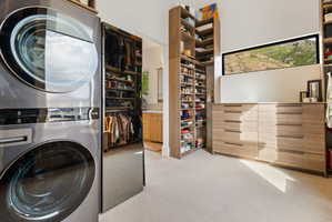 Integrated laundry appliances featuring a stacked washer and dryer