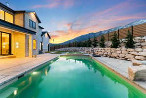 Outdoor swimming pool with integrated spa, bordered by a concrete patio