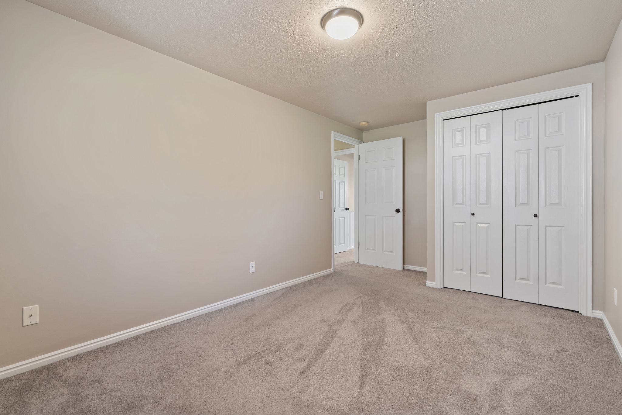 Neutral-toned room featuring light gray walls and plush gray carpeting
