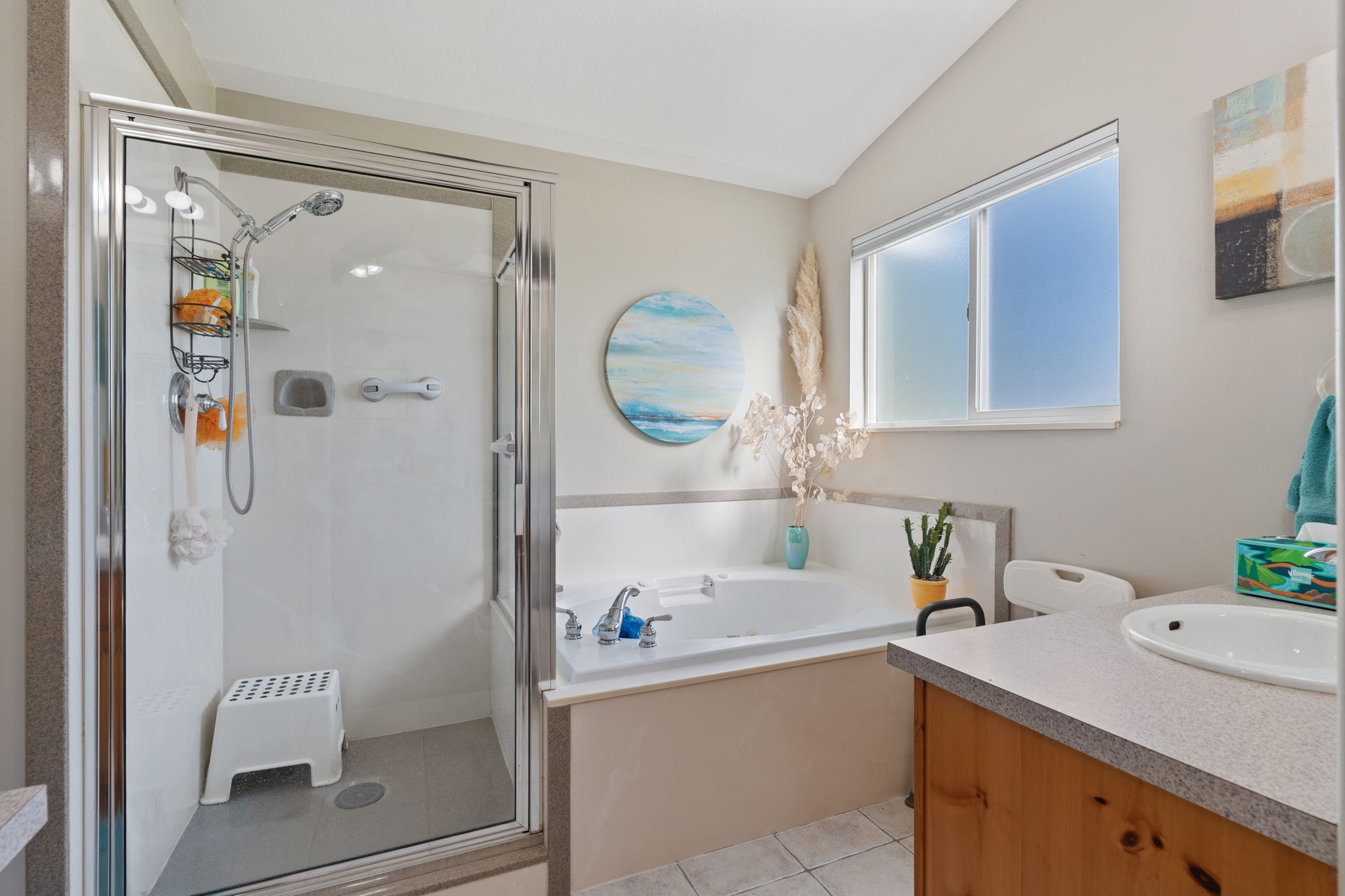 Well-appointed bathroom featuring a glass-enclosed shower, a built-in jetted tub, a single vanity with wood-finish cabinetry, and a window for natural light
