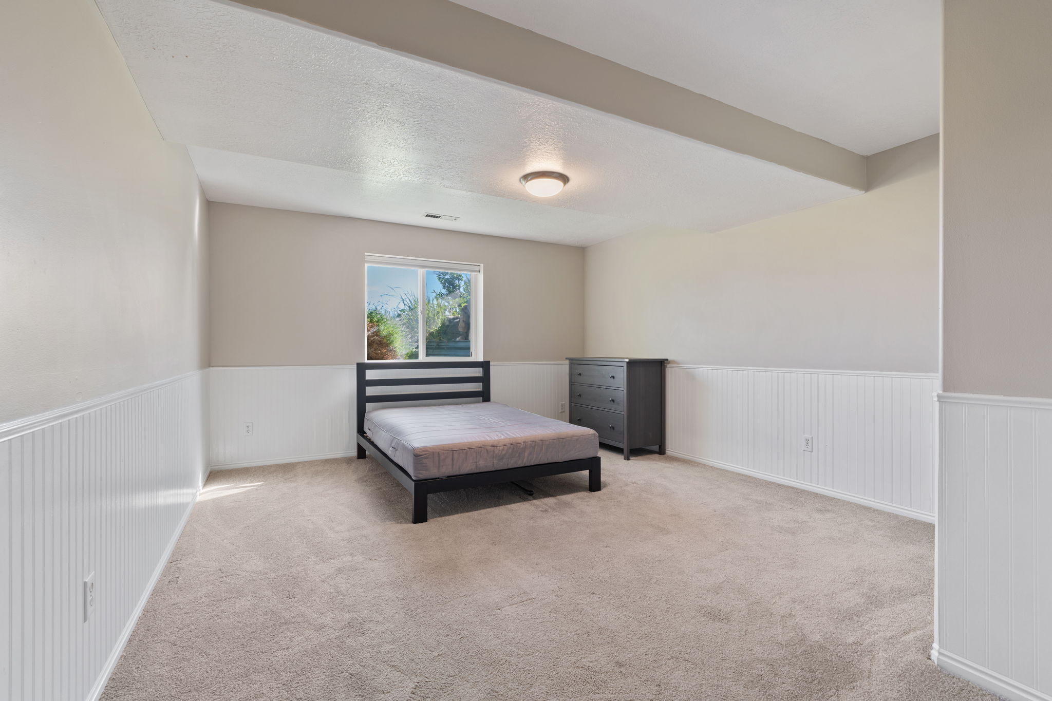 Spacious room featuring neutral paint, soft carpeting, a rectangular window with natural light, and classic wainscoting paneling
