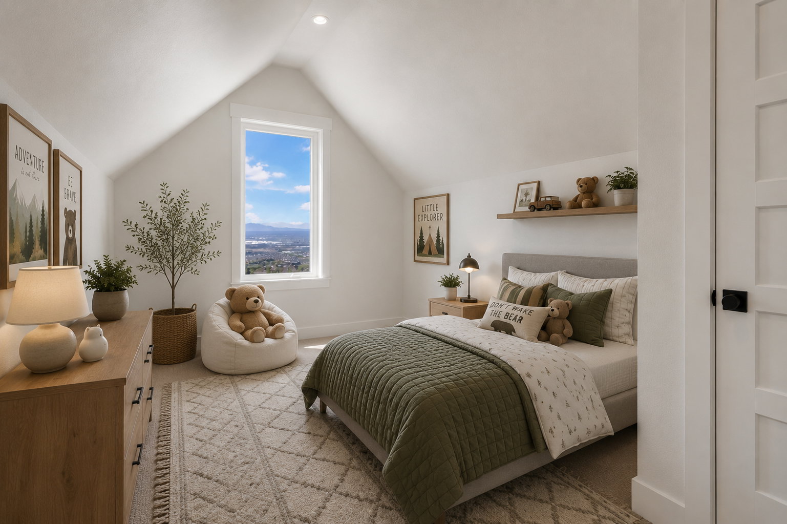 Vaulted white ceilings with recessed lighting, large window with outdoor scenery, light-toned wood-finish dresser, neutral patterned area rug, and a four-panel interior door with black hardware