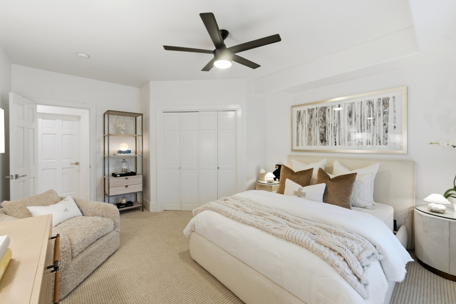 Recessed ceiling with a matte black ceiling fan