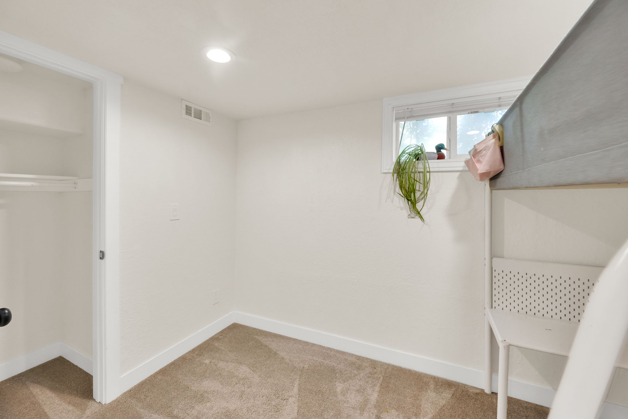 Carpeted room featuring a single window, white baseboards, and a built-in closet with shelving and a hanging rod