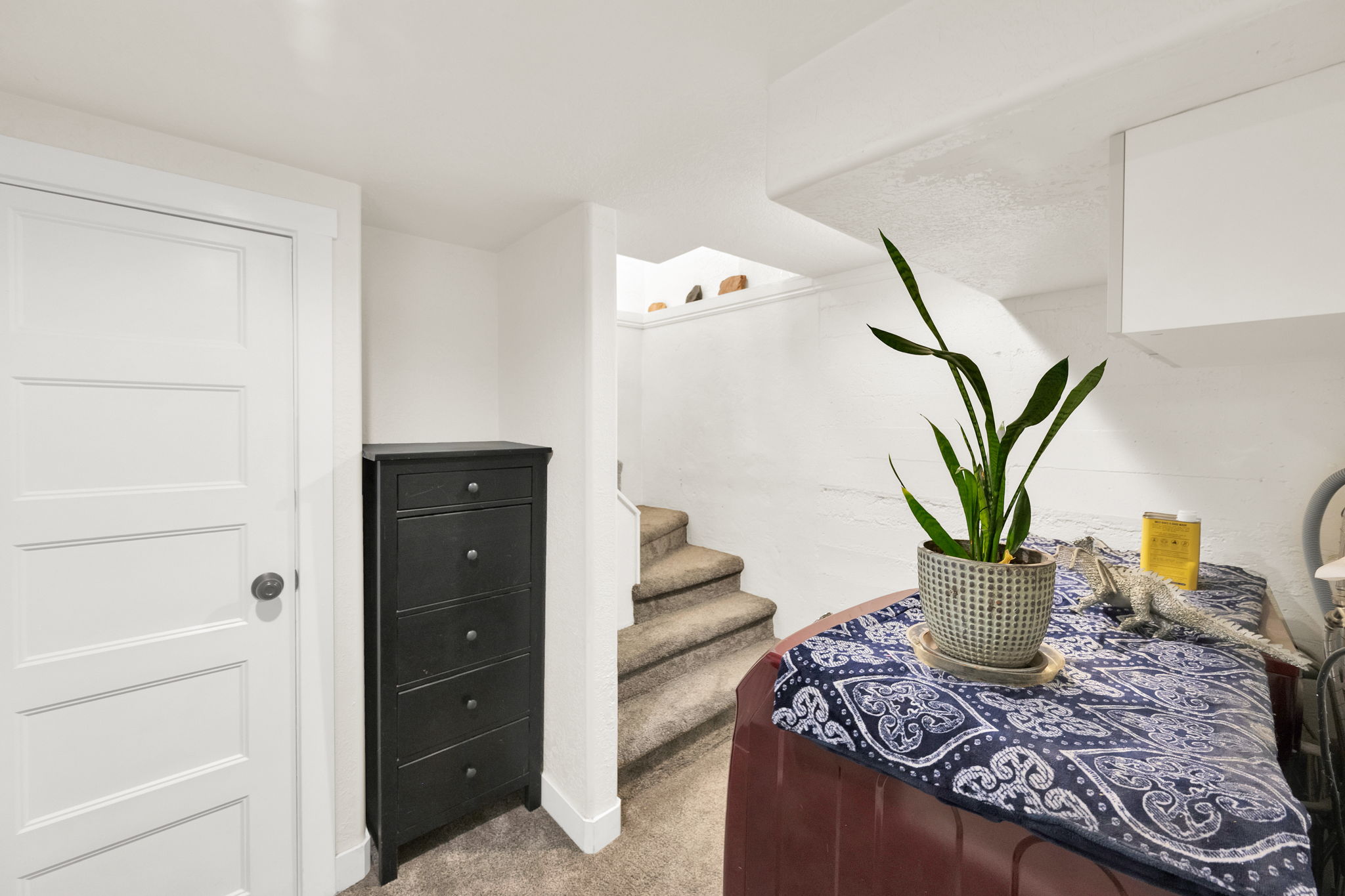 Carpeted staircase with white risers