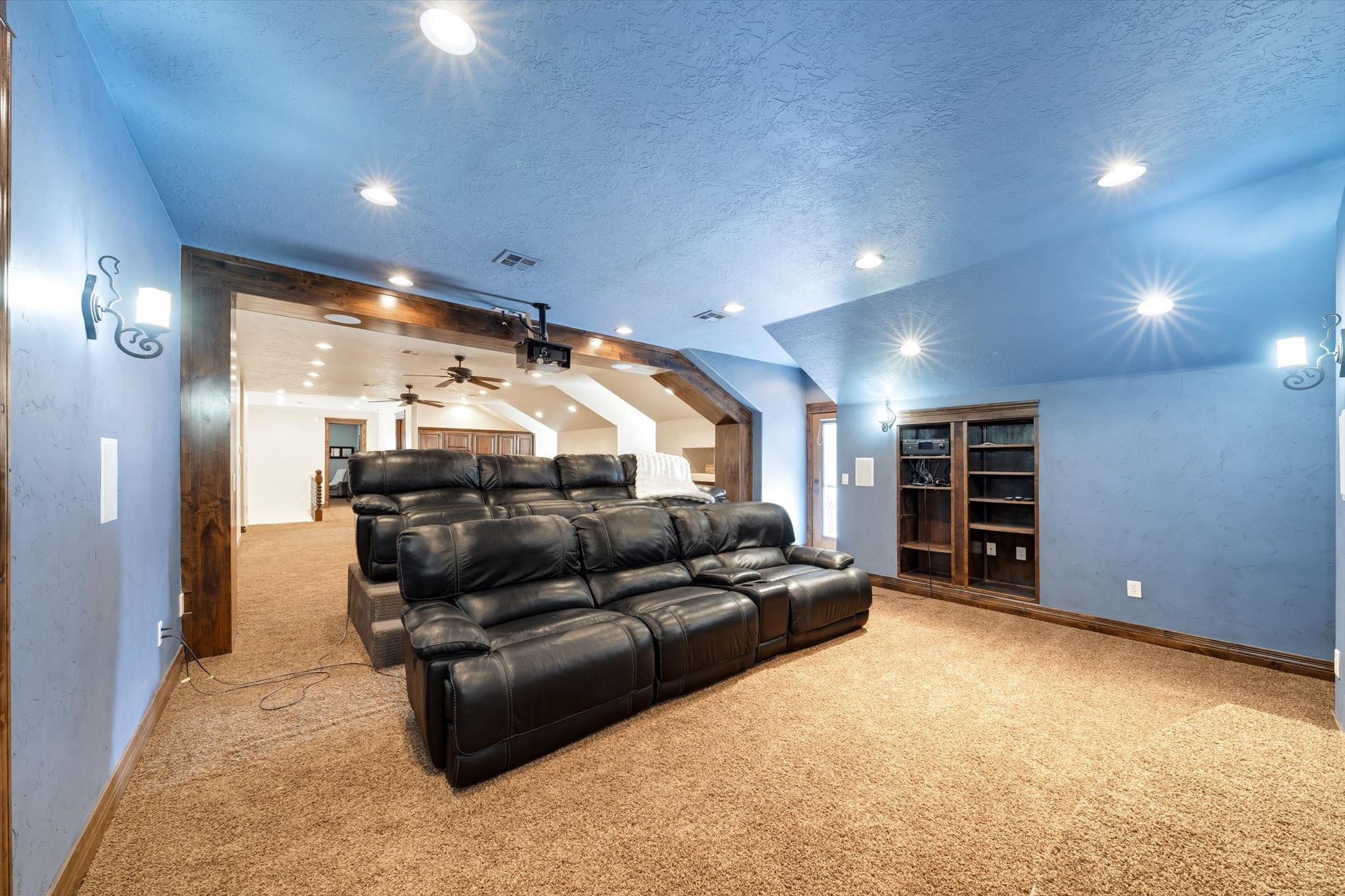 Dedicated media room with tiered seating