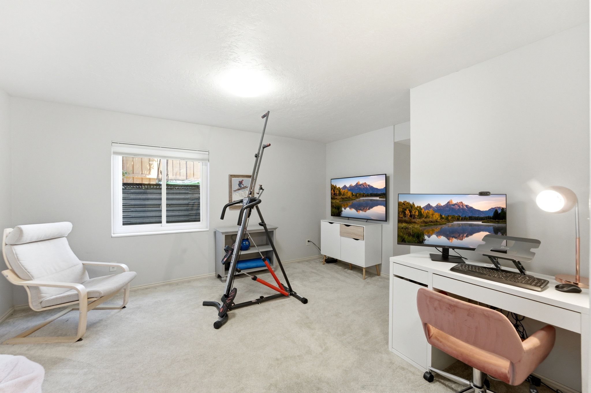 Brightly lit room featuring light-colored carpeting and white walls