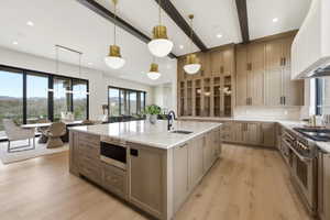 Gourmet kitchen featuring a large central island with integrated sink, light wood-finish cabinetry, and professional-grade stainless steel appliances