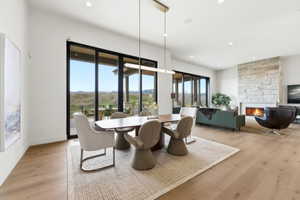 Open-concept living space featuring wood-finish flooring, a stone-clad fireplace, and expansive sliding glass doors