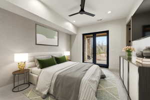 Bedroom featuring a black ceiling fan, recessed lighting, and a textured accent wall