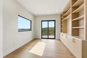 Room featuring light wood-finish flooring, built-in shelving, lower cabinetry with brass-tone hardware, a large horizontal window, and sliding glass doors