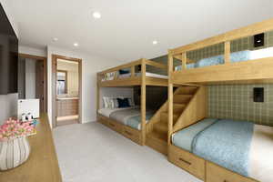 Spacious room featuring two built-in bunk bed structures with integrated stairs and storage drawers
