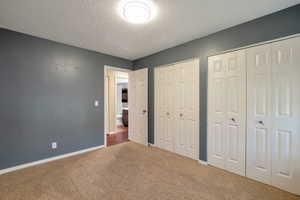 Carpeted room with a ceiling-mounted light fixture, two sets of bi-fold closet doors, and painted gray walls