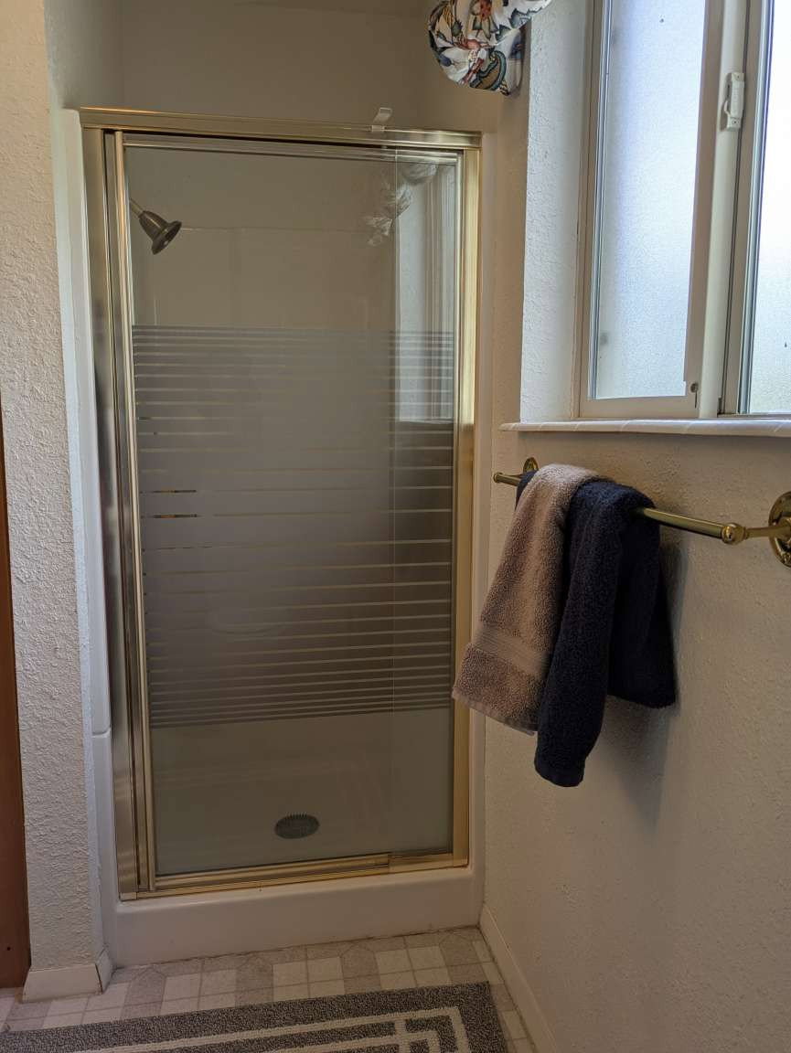 Shower enclosure with gold-toned framing and frosted glass panels