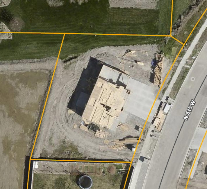 Aerial Survey. Displaying the property under construction with surrounding boundaries and street identification