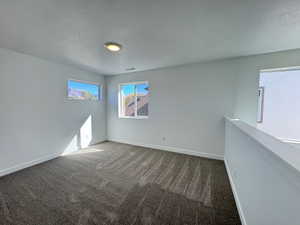 Open loft space featuring plush gray carpet, bright white walls, a single ceiling light fixture, and two windows