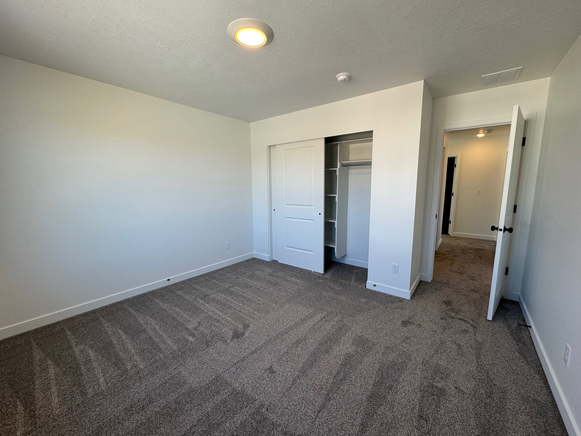 Carpeted room featuring white walls, a built-in closet with sliding doors and shelving, a flush-mount ceiling light, and white trim