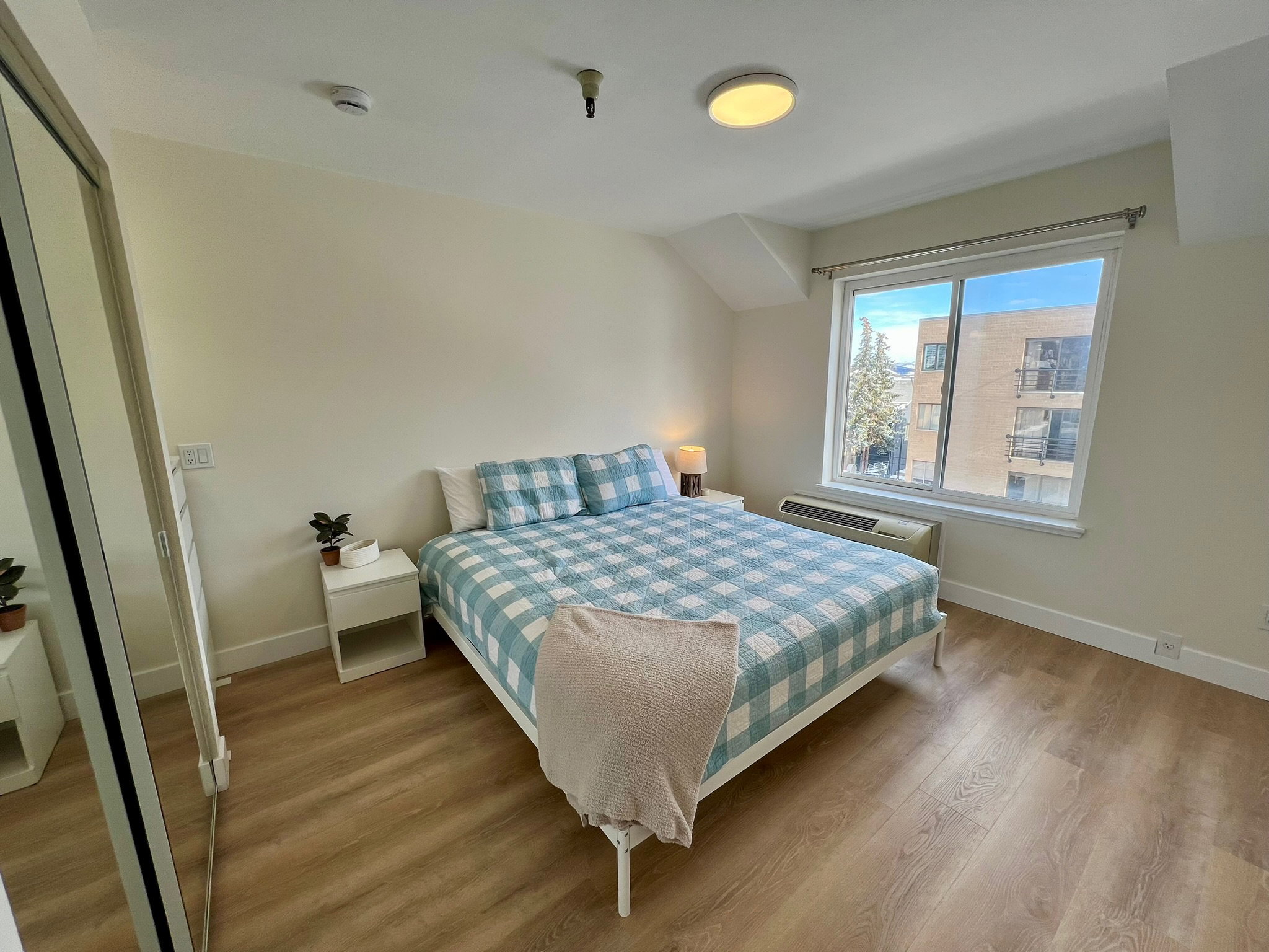 Bright room featuring a large window, light wood-finish flooring, white walls, and a ceiling-mounted light fixture