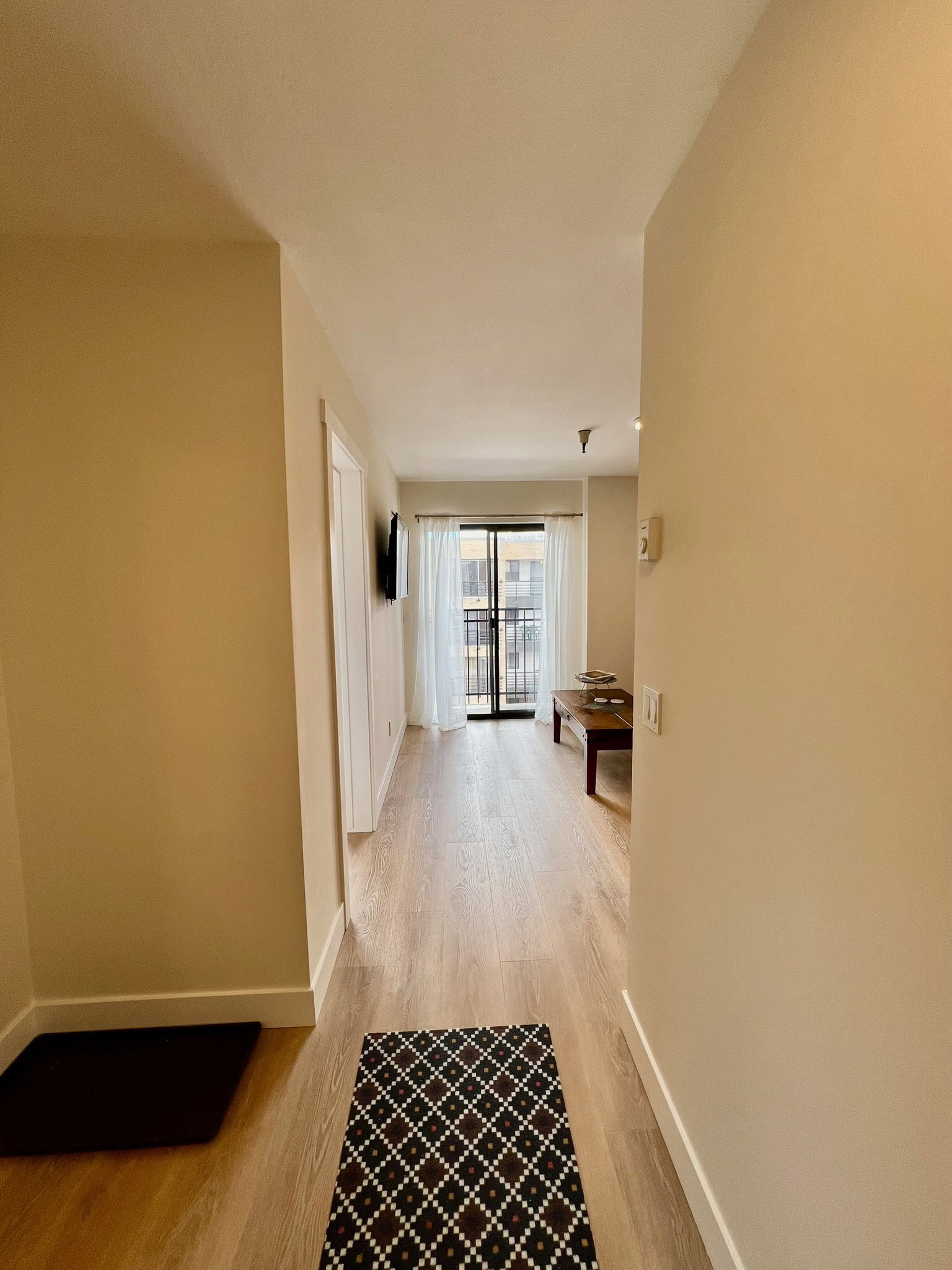 Expansive hallway featuring wood-finish flooring, light neutral wall tones, and white baseboards leading to a balcony with black metal railings