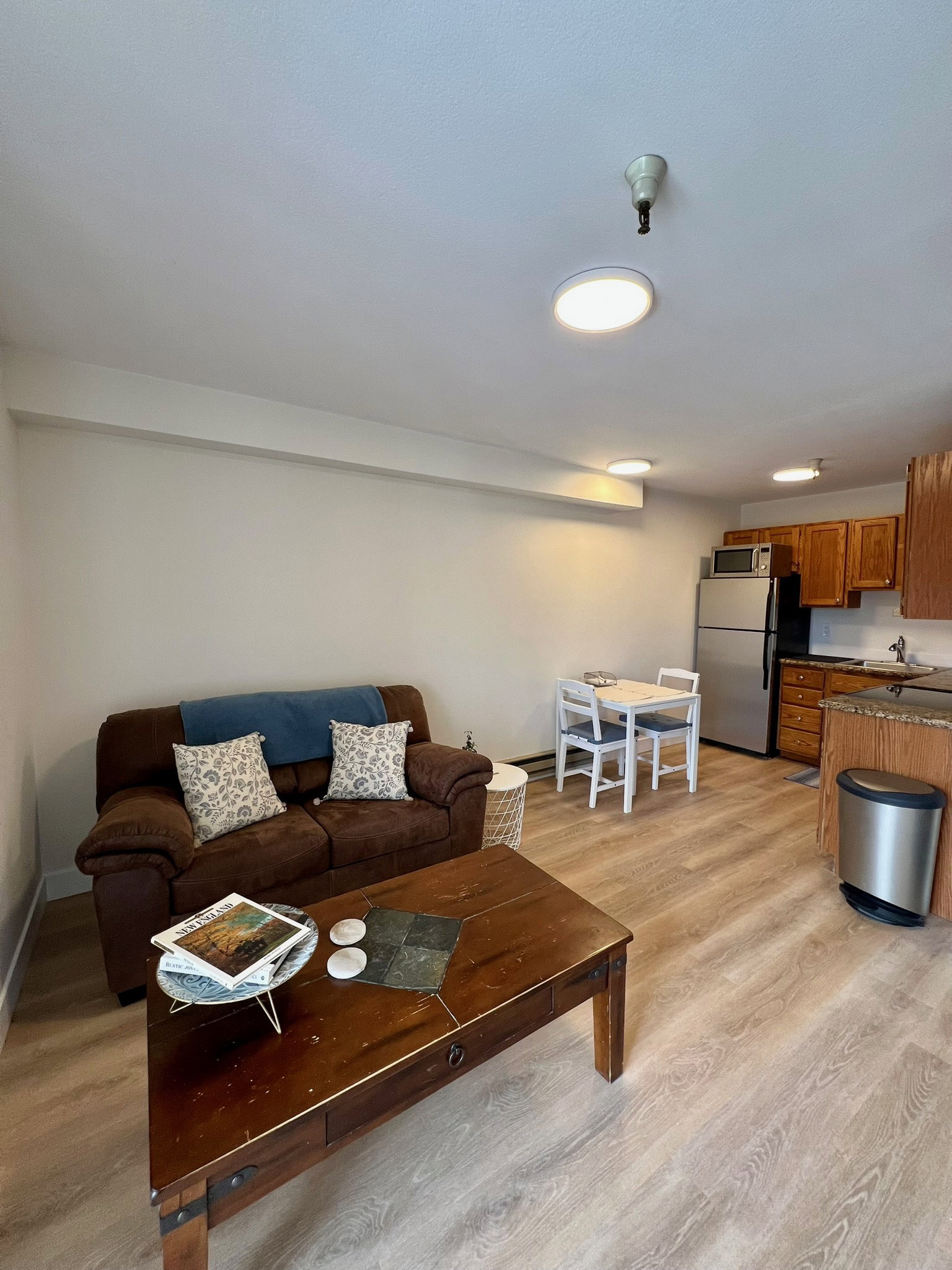 Open-concept living space featuring wood-finish flooring, recessed lighting, and a kitchen area with wood cabinetry and stainless steel appliances