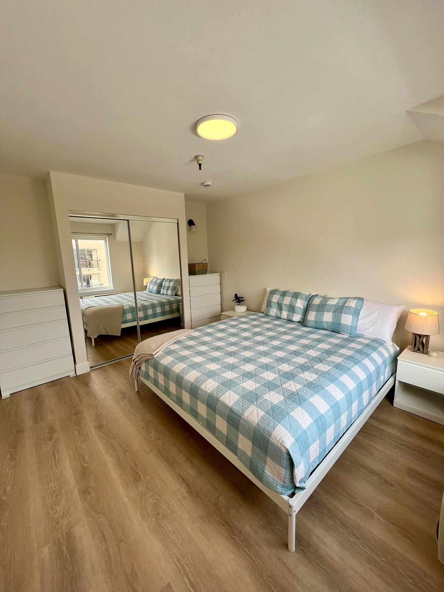 Bedroom featuring wood-finish flooring, light-toned walls, and a ceiling-mounted light fixture