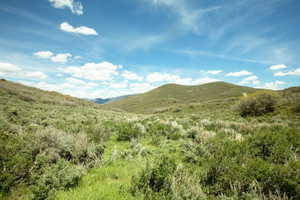 Expansive natural landscape featuring rolling hills, varied green foliage, distant mountains, and a clear blue sky with white clouds