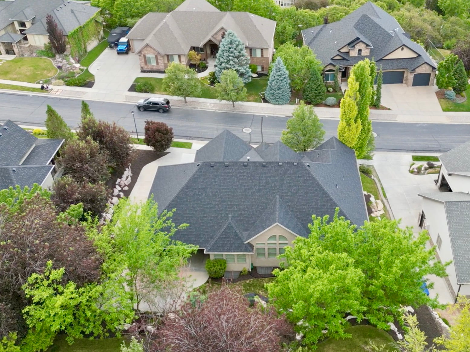 The oversized lot extends into a lush backyard filled with mature shade trees, established landscaping, and natural rock accents, providing exceptional privacy and outdoor enjoyment.